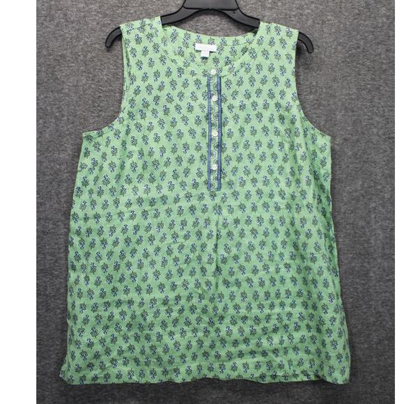 Pure Jill J Jill 100% Linen Sleeveless Green Floral Shirt Size  Large - Picture 1 of 6